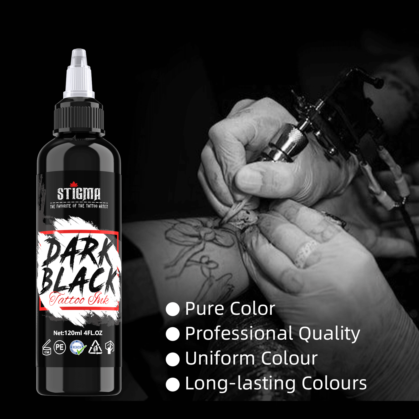 Tattoo Ink Dark Black Pure Black & Concentrated Black 120ml Stigma (sig)